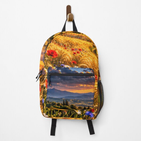 Item preview, Golden Wheat Field with Red Poppies Mountain Sunset Landscape Wall Art designed and sold by IRON SIREN.