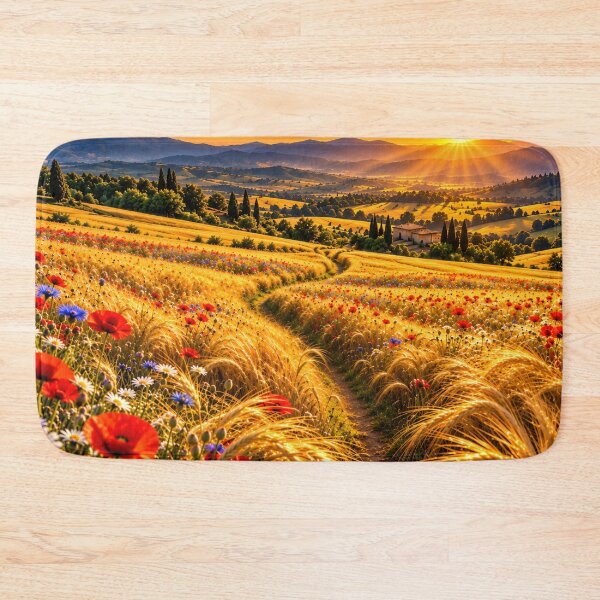 Artikelvorschau, Goldenes Weizenfeld mit roten Mohnblumen, Berg-Sonnenuntergangslandschaft – Wandbild entworfen und verkauft von IRON SIREN.