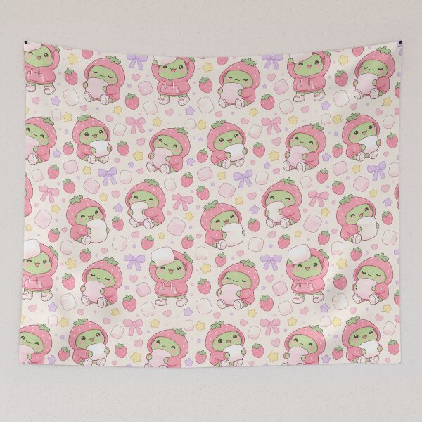 Item preview, Kawaii Frog Strawberry Marshmallow Pattern designed and sold by Soft Berry Studio.