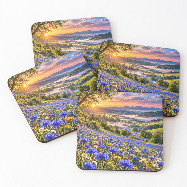 Item preview, Blue Wildflower Meadow Mountain Valley Sunset Landscape Wall Art designed and sold by IRON SIREN.