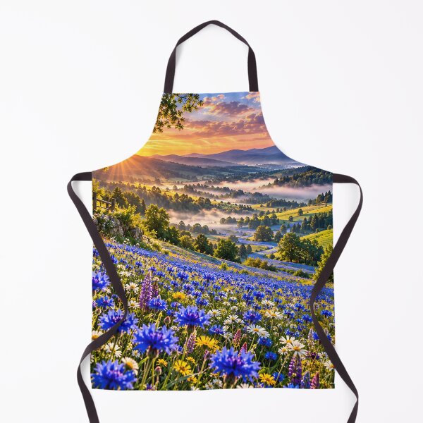 Item preview, Blue Wildflower Meadow Mountain Valley Sunset Landscape Wall Art designed and sold by IRON SIREN.