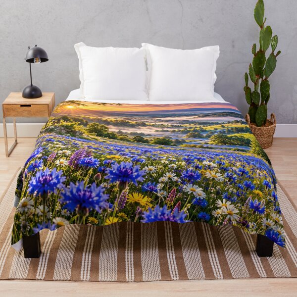 Item preview, Blue Wildflower Meadow Mountain Valley Sunset Landscape Wall Art designed and sold by IRON SIREN.