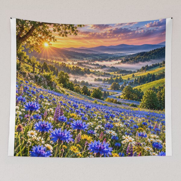 Item preview, Blue Wildflower Meadow Mountain Valley Sunset Landscape Wall Art designed and sold by IRON SIREN.