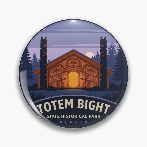 Item preview, Totem Bight Clan House at Dusk Ketchikan Alaska Circle Sticker designed and sold by DetourDgn.