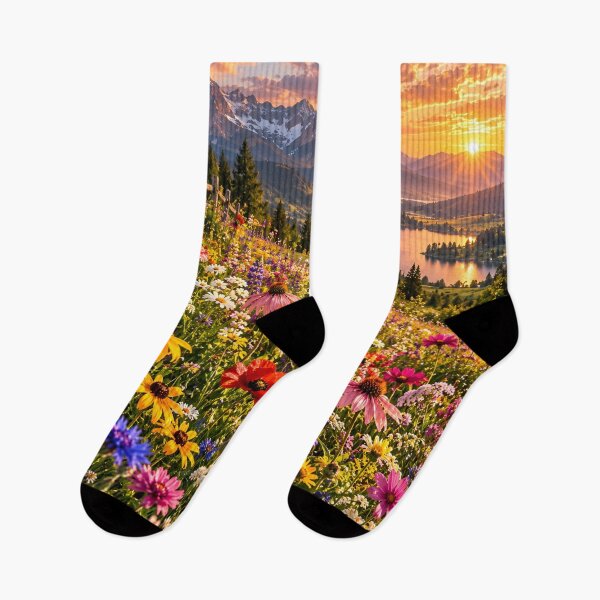 Item preview, Mountain Wildflower Meadow Lake Sunset Alpine Landscape Wall Art designed and sold by IRON SIREN.