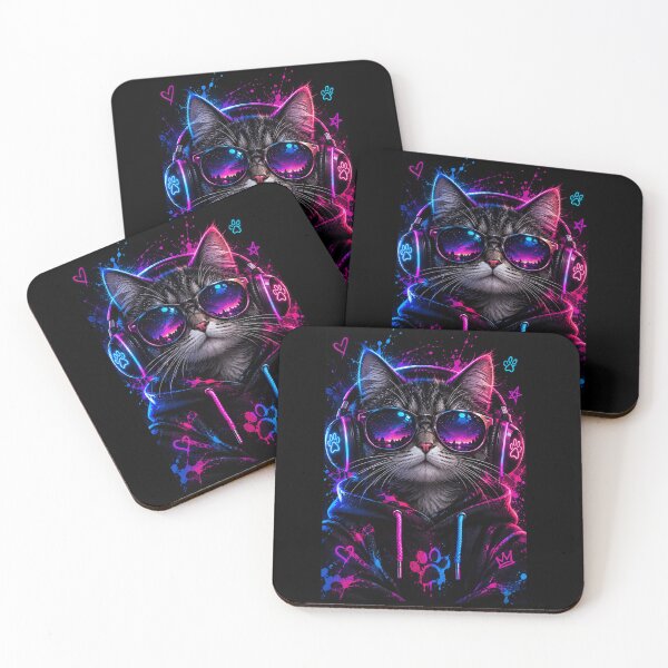 Item preview, Cool Neon DJ Cat with Sunglasses and Headphones designed and sold by pixelvibes-art.