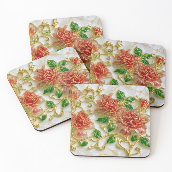 Item preview, Red Art Nouveau Roses Stained Glass Gold Vines designed and sold by MargaretWiktor.