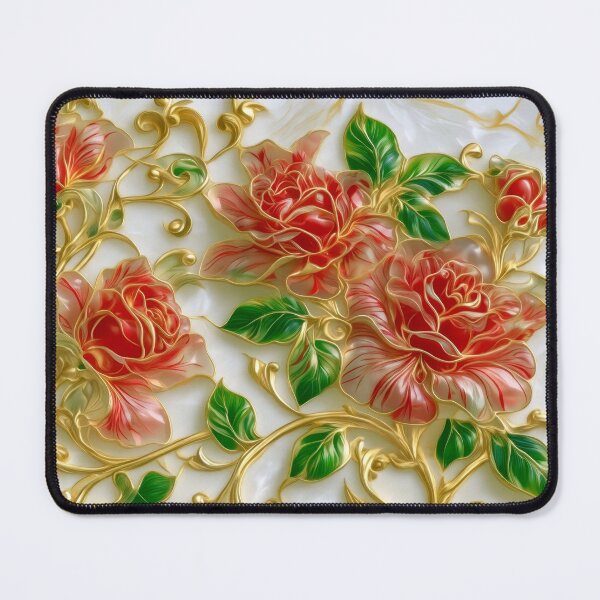 Item preview, Red Art Nouveau Roses Stained Glass Gold Vines designed and sold by MargaretWiktor.