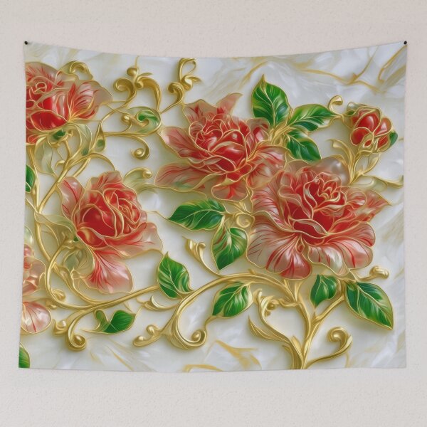 Item preview, Red Art Nouveau Roses Stained Glass Gold Vines designed and sold by MargaretWiktor.
