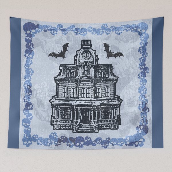 Item preview, Haunted Victorian Mansion Bats Gothic House Woodcut Blue designed and sold by Ghoul Enterprises.