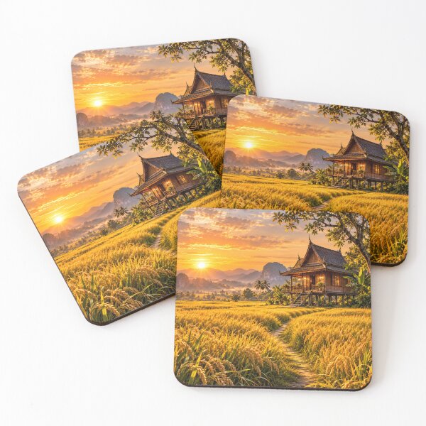 Item preview, Golden Thai Rice Field Sunset – Tropical Thailand Landscape Wall Art designed and sold by IRON SIREN.