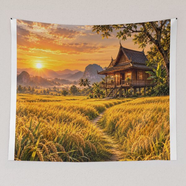 Item preview, Golden Thai Rice Field Sunset – Tropical Thailand Landscape Wall Art designed and sold by IRON SIREN.