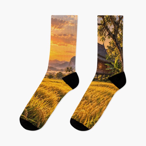 Item preview, Golden Thai Rice Field Sunset – Tropical Thailand Landscape Wall Art designed and sold by IRON SIREN.