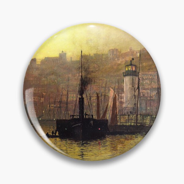 Item preview, Nightfall in Harbor, Scarborough lighthouse and city lights nautical marine maritime landscape painting by John Atkinson Grimshaw  designed and sold by Jéanpaul  Ferro.