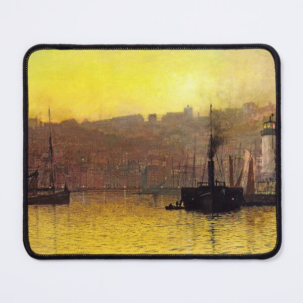 Item preview, Nightfall in Harbor, Scarborough lighthouse and city lights nautical marine maritime landscape painting by John Atkinson Grimshaw  designed and sold by Jéanpaul  Ferro.