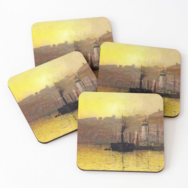 Item preview, Nightfall in Harbor, Scarborough lighthouse and city lights nautical marine maritime landscape painting by John Atkinson Grimshaw  designed and sold by Jéanpaul  Ferro.