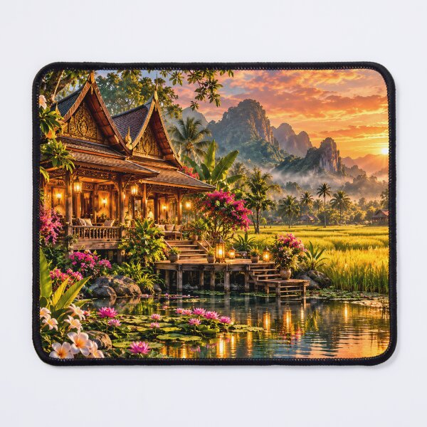 Item preview, Thai Lanna House Sunset Pond – Traditional Thailand Mountain Landscape Wall Art designed and sold by IRON SIREN.