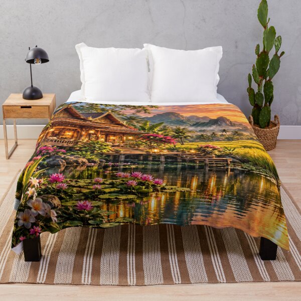 Item preview, Thai Lanna House Sunset Pond – Traditional Thailand Mountain Landscape Wall Art designed and sold by IRON SIREN.