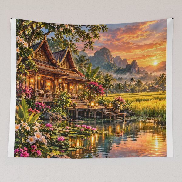 Item preview, Thai Lanna House Sunset Pond – Traditional Thailand Mountain Landscape Wall Art designed and sold by IRON SIREN.