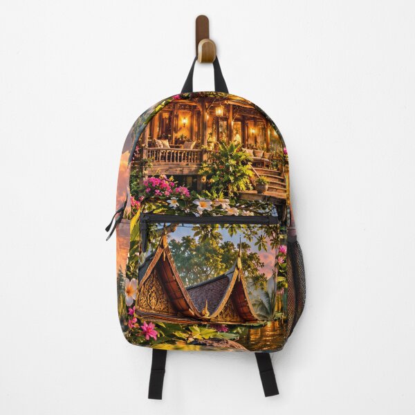 Item preview, Thai Lanna House Sunset Pond – Traditional Thailand Mountain Landscape Wall Art designed and sold by IRON SIREN.