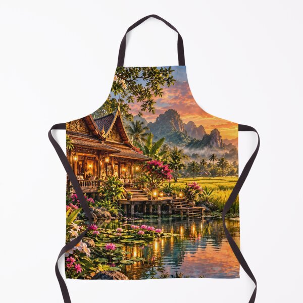 Item preview, Thai Lanna House Sunset Pond – Traditional Thailand Mountain Landscape Wall Art designed and sold by IRON SIREN.