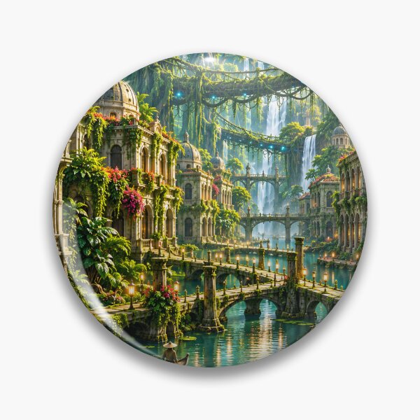 Item preview, Fantasy Tropical City with Waterfalls & Canals – Enchanted Jungle Landscape Wall Art designed and sold by IRON SIREN.