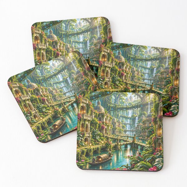 Item preview, Fantasy Tropical City with Waterfalls & Canals – Enchanted Jungle Landscape Wall Art designed and sold by IRON SIREN.