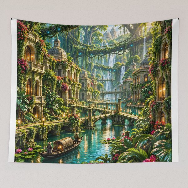 Item preview, Fantasy Tropical City with Waterfalls & Canals – Enchanted Jungle Landscape Wall Art designed and sold by IRON SIREN.