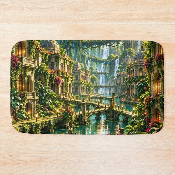 Item preview, Fantasy Tropical City with Waterfalls & Canals – Enchanted Jungle Landscape Wall Art designed and sold by IRON SIREN.