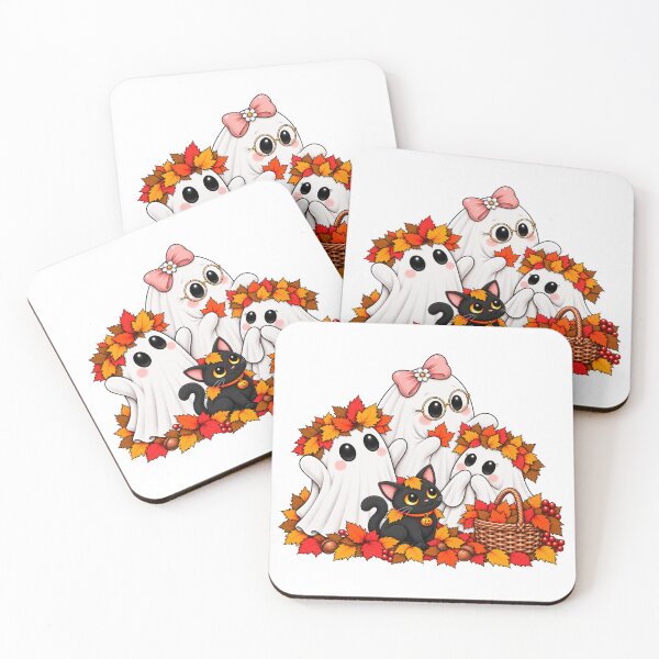 Item preview, Cute Ghost Family in Autumn Leaves with Black Cat designed and sold by House Of Hauntlings.