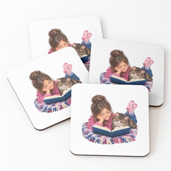 Item preview, Girl Reading with Her Cat – Cozy Reading Buddy designed and sold by FootprintofLove.