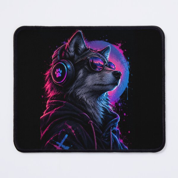 Item preview, Cool Neon Wolf with Sunglasses and Headphones designed and sold by pixelvibes-art.