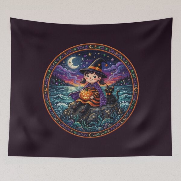 Item preview, Kawaii design of a little witch and a black cat under the moonlight designed and sold by Azurart2.