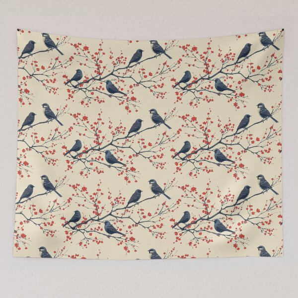 Item preview, Elegant Minimalist Birds and Red Blossom Branches Pattern designed and sold by NTGUILTY.