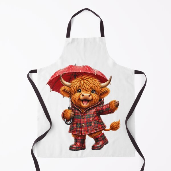 Item preview, Cute Scottish Highland Cow in Tartan Raincoat with Red Umbrella designed and sold by MaedK.
