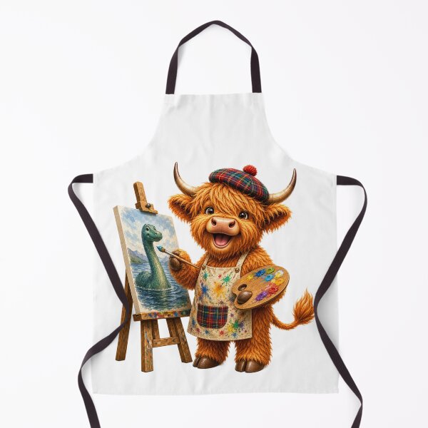 Item preview, Cute Scottish Highland Cow Artist Painting the Loch Ness Monster designed and sold by MaedK.