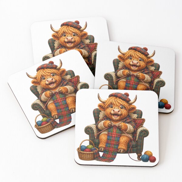 Item preview, Cute Scottish Highland Cow Knitting a Colourful Tartan Scarf designed and sold by MaedK.