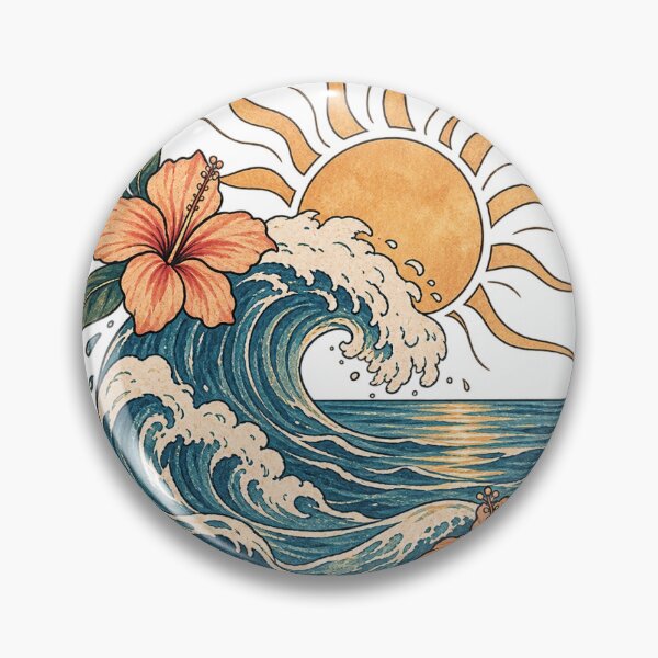 Item preview, Tropical illustration of ocean waves, sun, and hibiscus flowers designed and sold by Marietna2110.