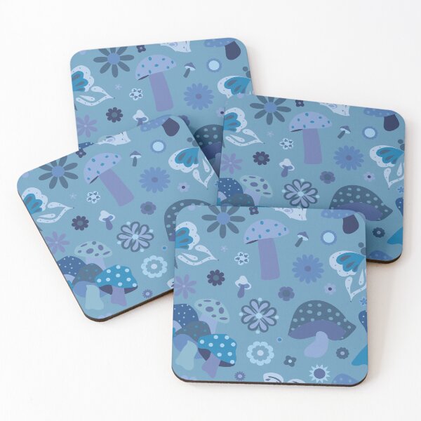 Item preview, 70's Kitschy Mushrooms + Daisy Floral in Dusty Blue designed and sold by YesterdayColl.