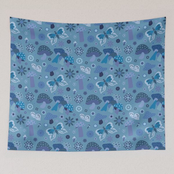 Item preview, 70's Kitschy Mushrooms + Daisy Floral in Dusty Blue designed and sold by YesterdayColl.