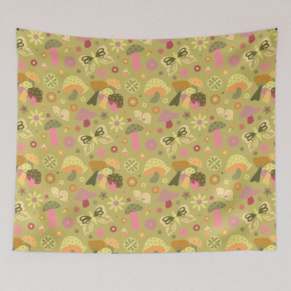Item preview, 70's Kitschy Mushrooms + Daisy Floral in Lemongrass + Guava designed and sold by YesterdayColl.