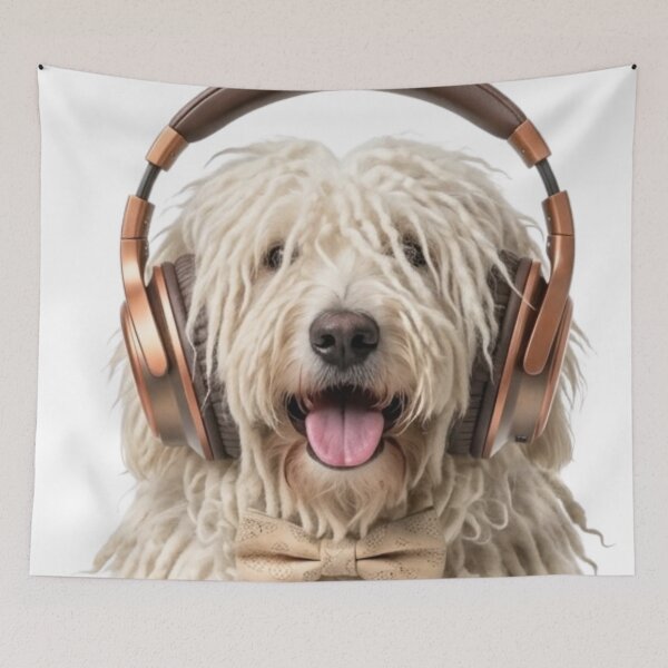 Item preview, Dapper Komondor Dog with Bronze Headphones designed and sold by Sulco Design.