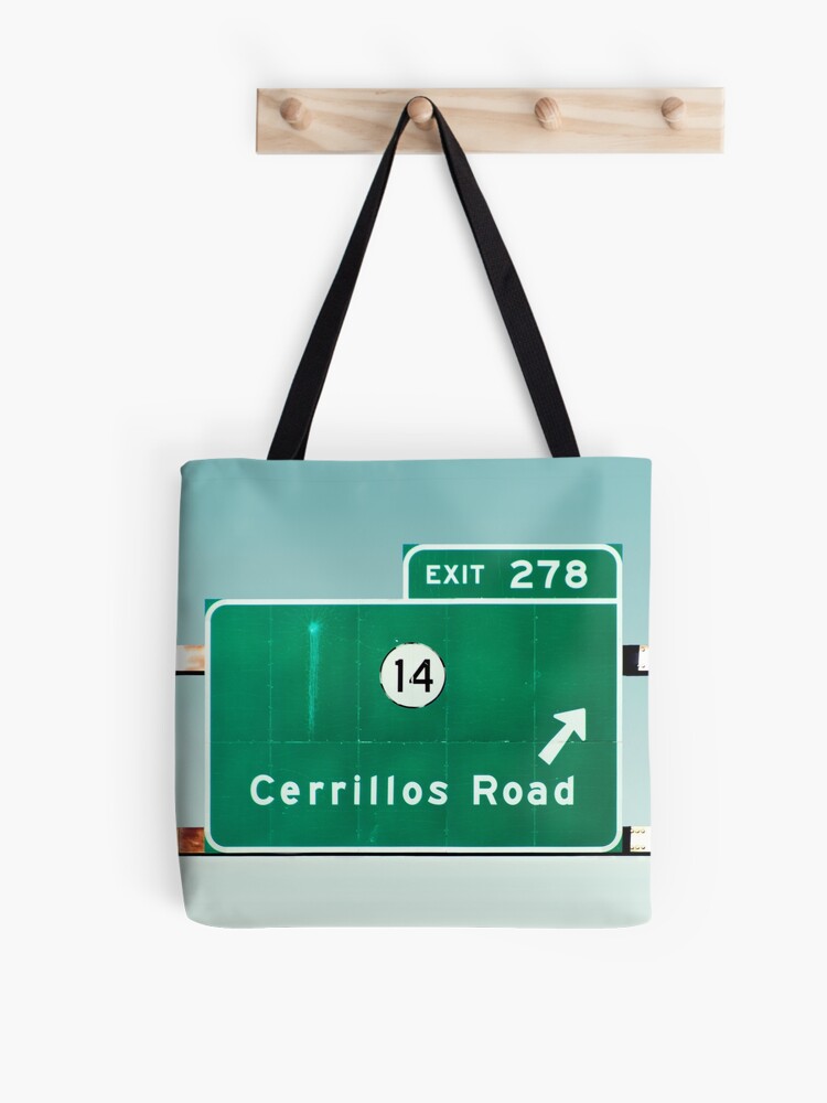 Thumbnail 1 of 2, Tote Bag, Cerrillos Road Exit Sign Santa Fe New Mexico designed and sold by pixiebat8.