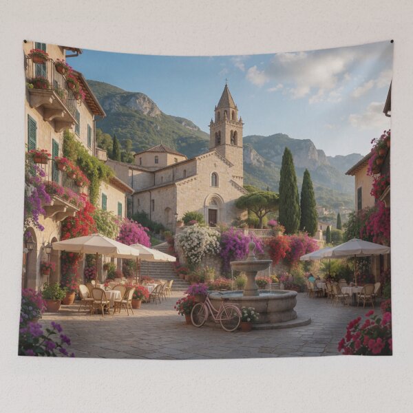 Item preview, Italian Village Courtyard with Church, Flowers & Mountain Views – Mediterranean Tuscan Style designed and sold by ZYVARENNE.