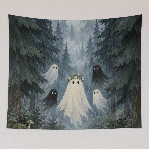 Item preview, Ghost levitating above foggy blue pine forest designed and sold by scicilysimonee.