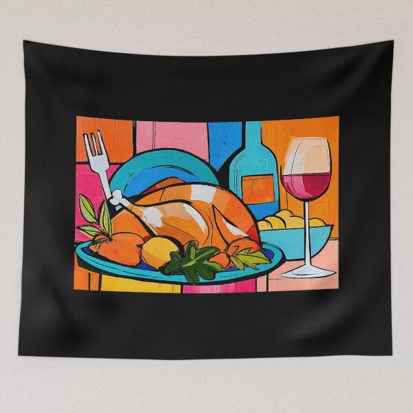 Item preview, Thanksgiving Dinner with Roasted Turkey, Vegetables and Wine in a Colorful Geometric Celebration designed and sold by OlfactoART Studio.