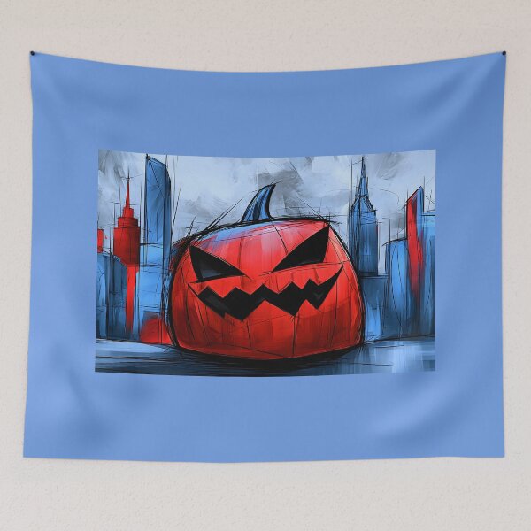 Item preview, Giant Vivid Jack O Lantern Towering Over a Modern City Skyline in a Surreal Halloween Urban Scene designed and sold by OlfactoART Studio.