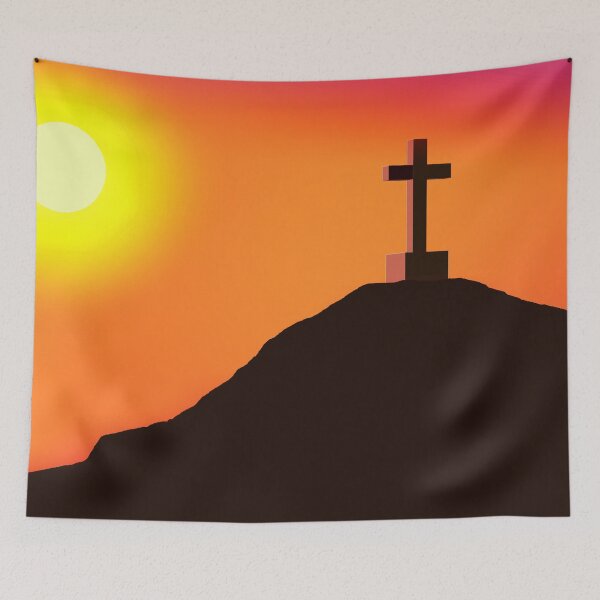 Item preview, Minimalist Cross on Mountain Sunset - 100% Mouse-Drawn MS Paint Art designed and sold by ArtisticJump.