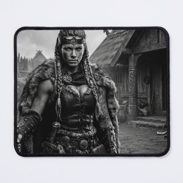 Item preview, Viking Shieldmaiden in Norse Village – Black and White Art designed and sold by VALKYRAART53.