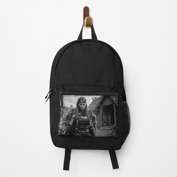 Item preview, Viking Shieldmaiden in Norse Village – Black and White Art designed and sold by VALKYRAART53.